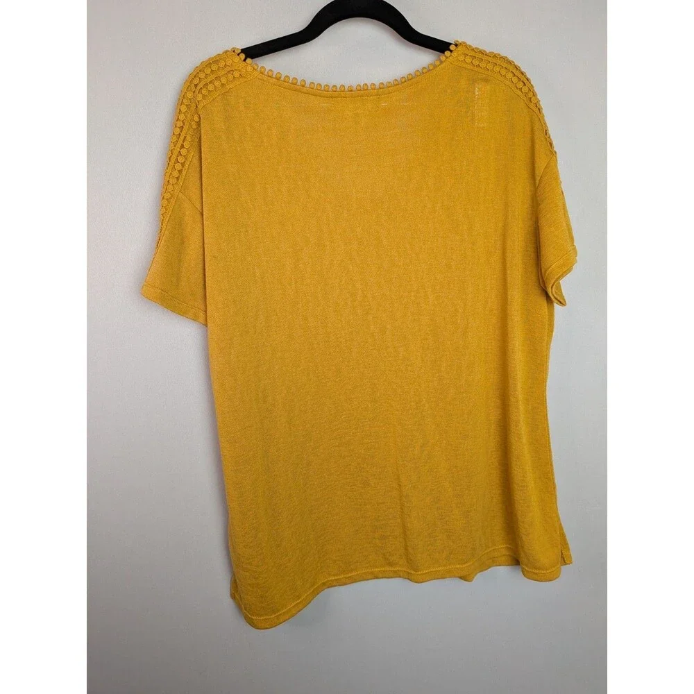 Modern Canvas Top Sz XL Gold Yellow Scalloped Lace Detail Short Sleeve Shirt